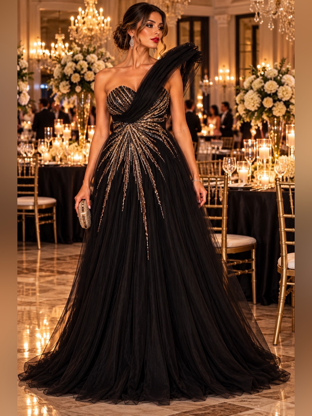 Black One-Shoulder Evening Gown with Gold Embellishment